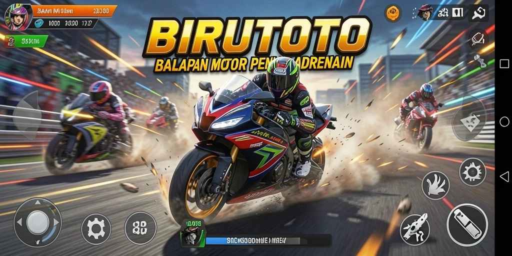 Screenshot gameplay BIRUTOTO menunjukkan aksi balapan motor yang intens.