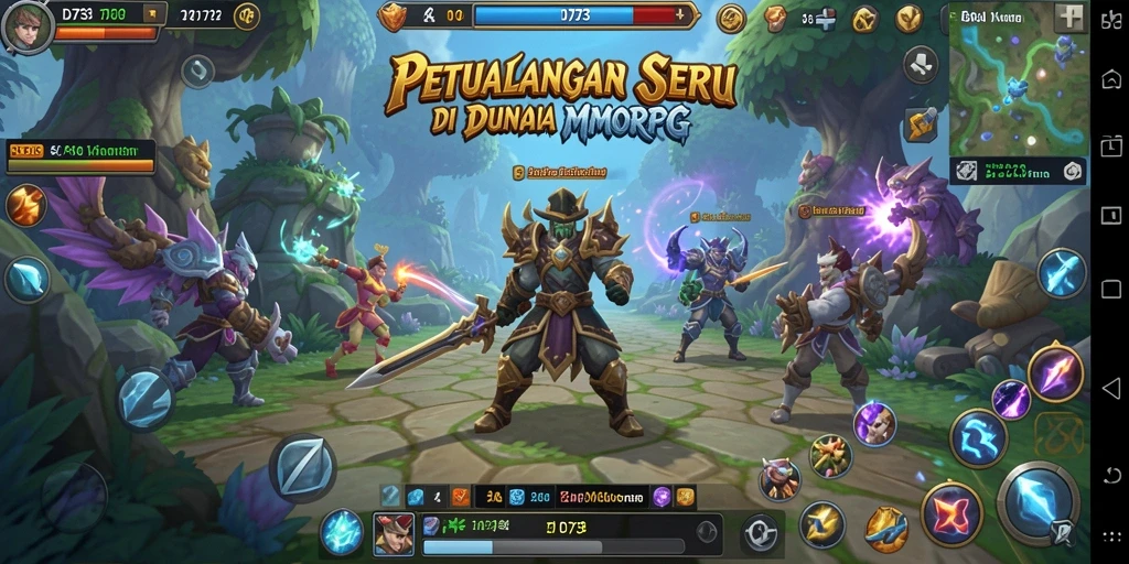 Screenshot utama D73 menampilkan pertarungan epik antar pemain di dunia fantasi.