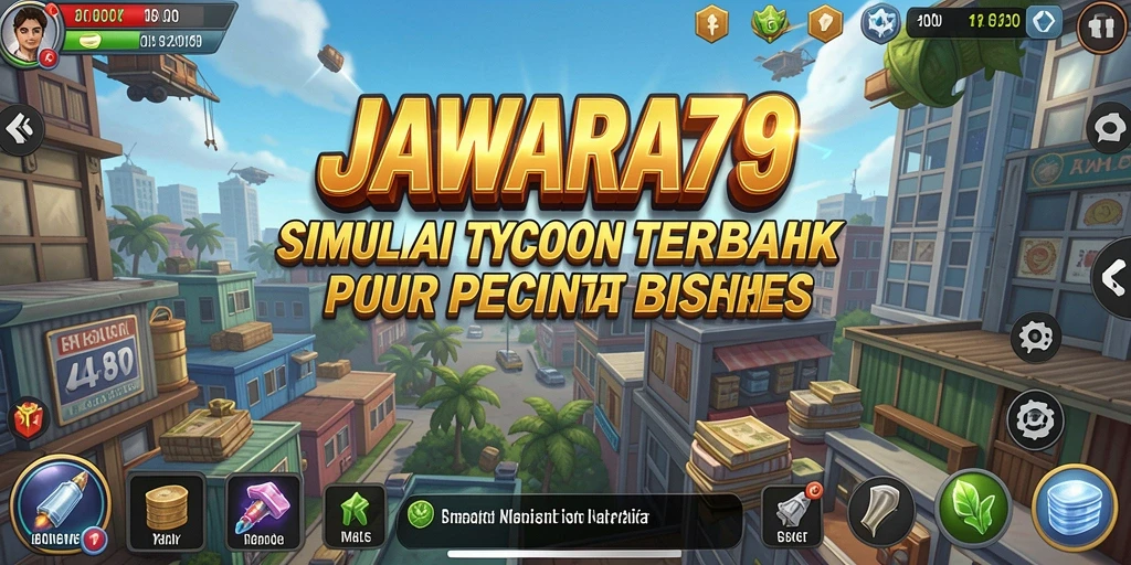 Tangkapan layar utama JAWARA79 menampilkan gameplay seru dalam membangun bisnis.
