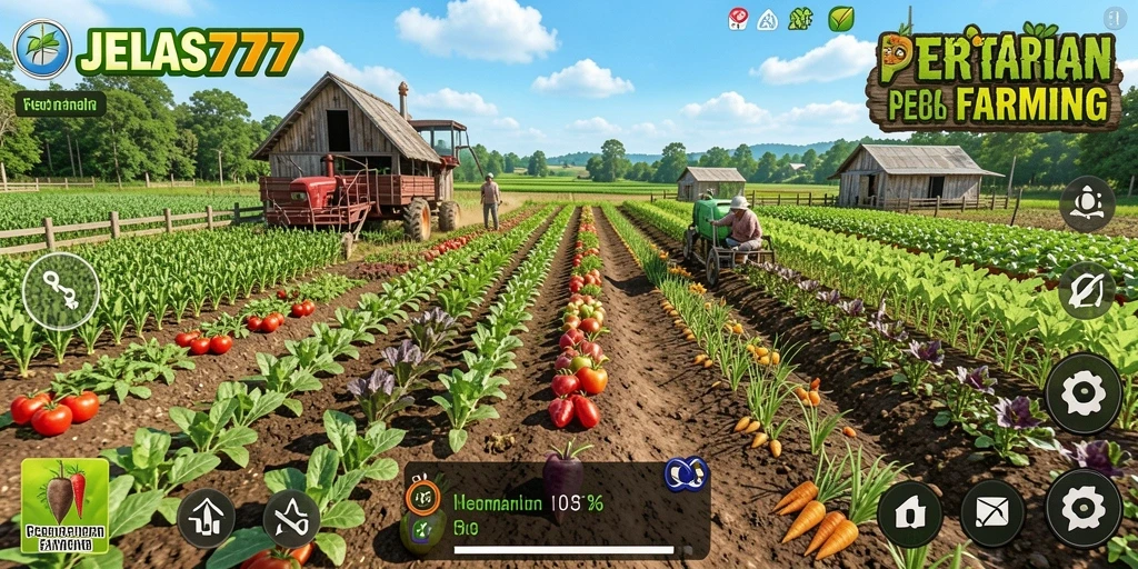Screenshot gameplay JELAS777 dengan ladang yang subur dan hewan lucu.