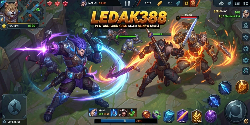 Screenshot utama LEDAK388 menampilkan aksi seru di arena pertarungan MOBA.