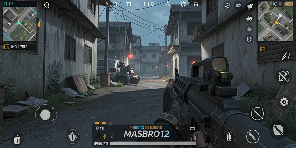 Screenshot gameplay MASBRO12 menampilkan aksi tembak-menembak yang intens.