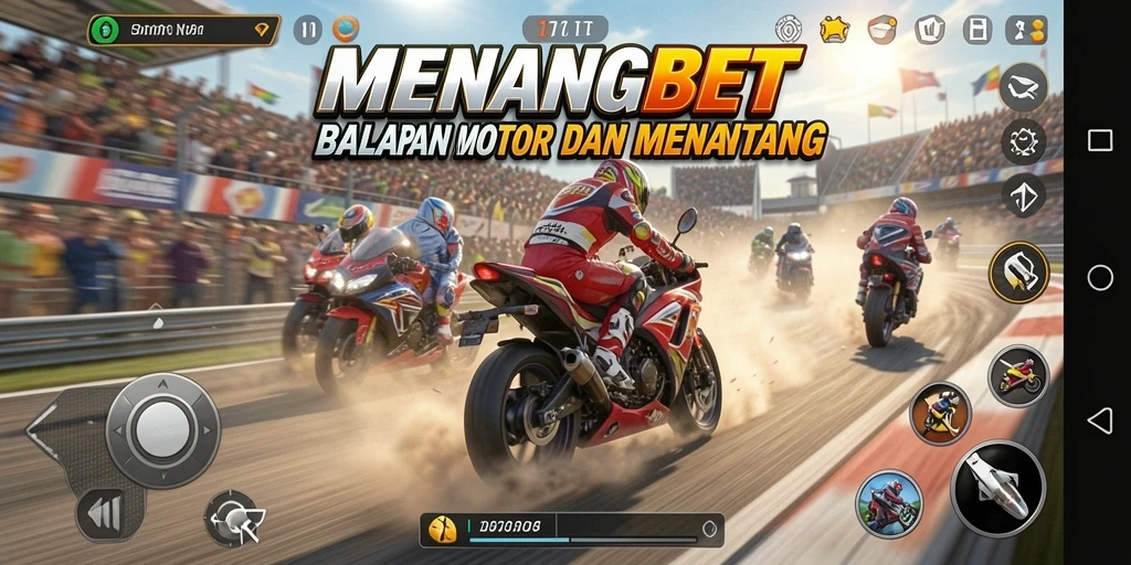 Tampilan screenshot menunjukkan aksi balapan motor yang mendebarkan.