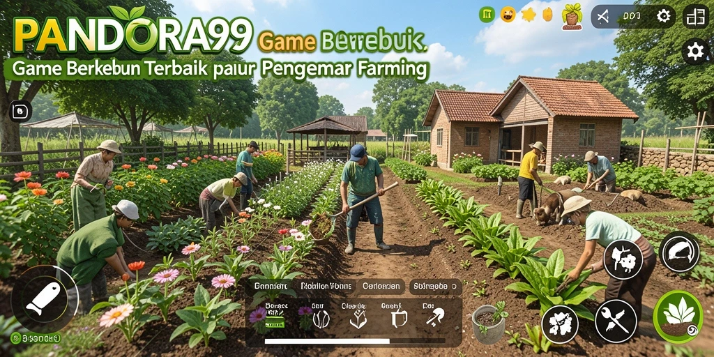 Screenshot gameplay PANDORA99 menampilkan kebun yang indah dan tanaman subur.