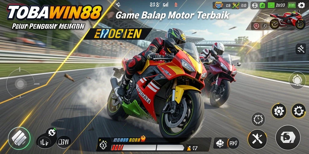 Tampilan gameplay TOBAWIN88 dengan aksi balapan motor yang mendebarkan.